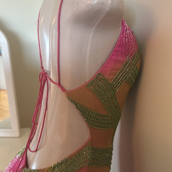 Neon Pink/Green Prom Dress Long Beaded Dress - Picture 12 of 15